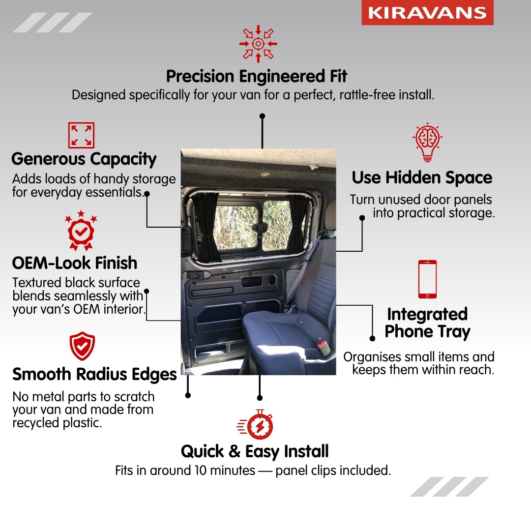 Bolsillo de almacenamiento para puerta corredera Ford Transit Custom 2018 facelift–2023 (Negro) | Kiravans DoorStore