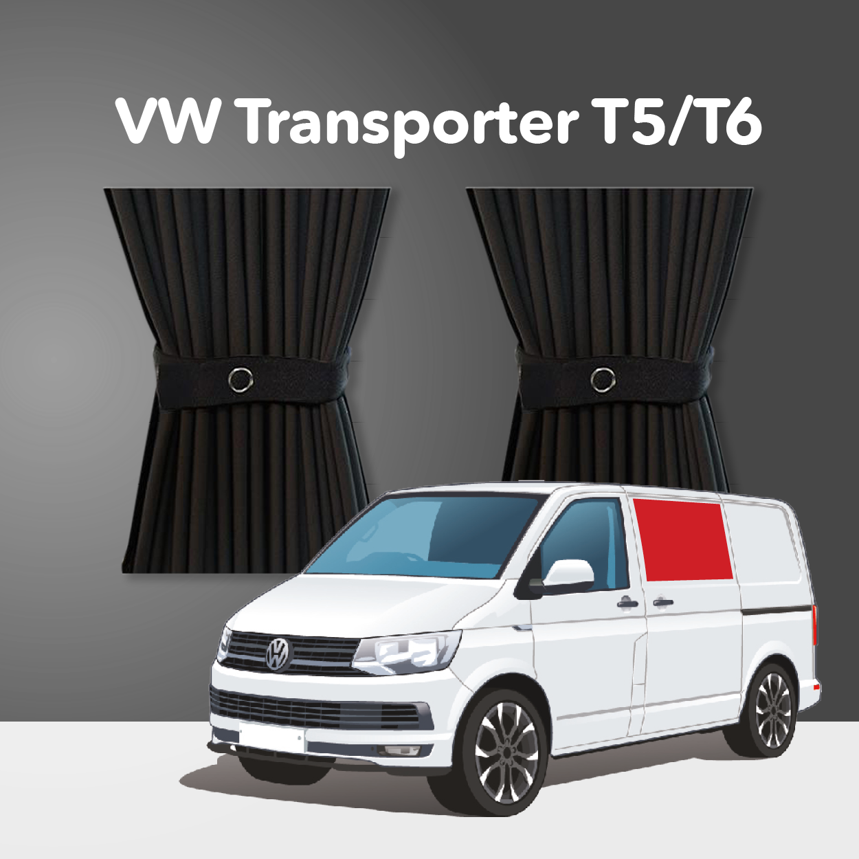 Vorhang Set für VW Transporter T5 bis T6.1 (2003-2024)  - Mitte Links - Schiebetür (Standard Schwarz)
