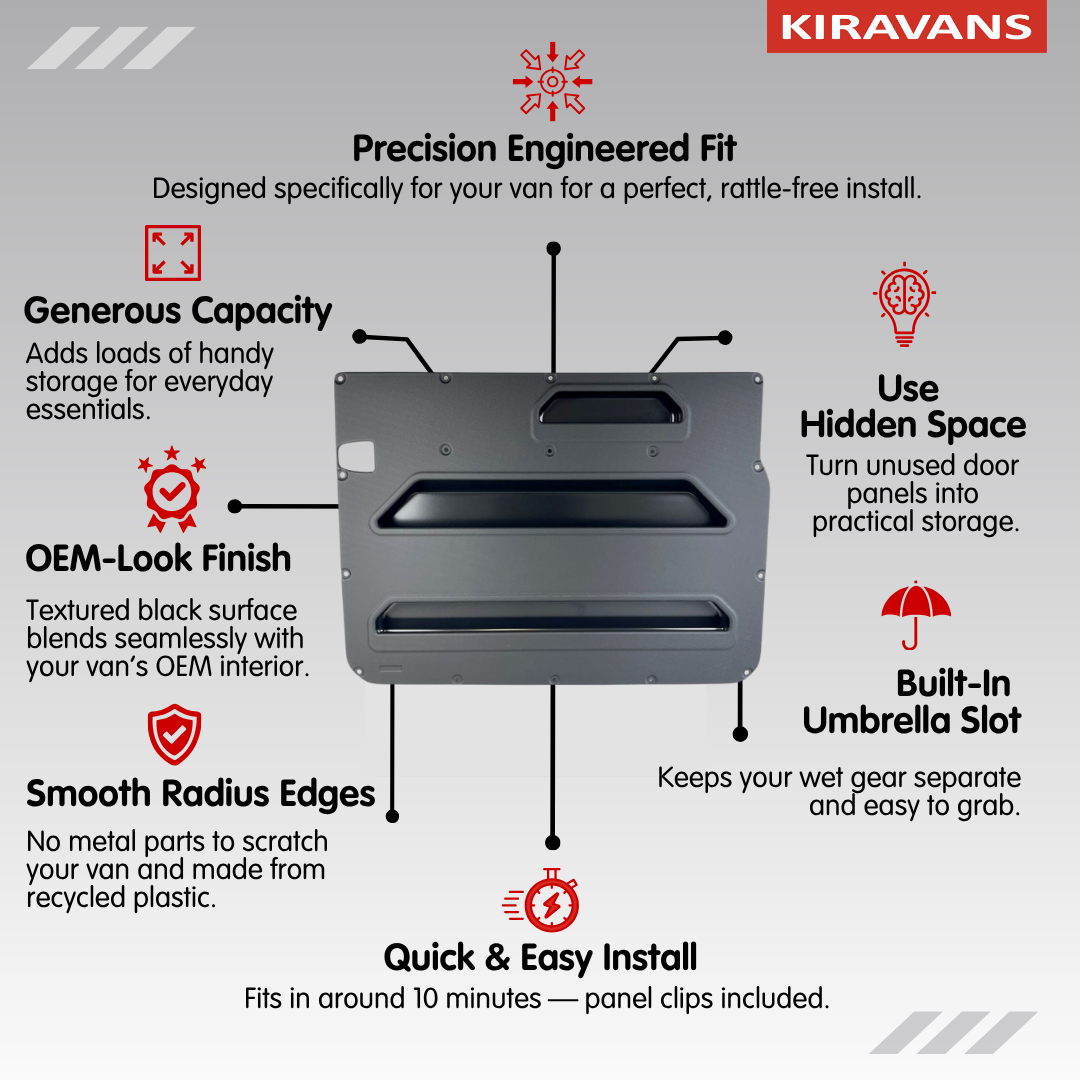 VW T5–T6.1 Sliding Door Storage Pocket (Black) | Kiravans DoorStore
