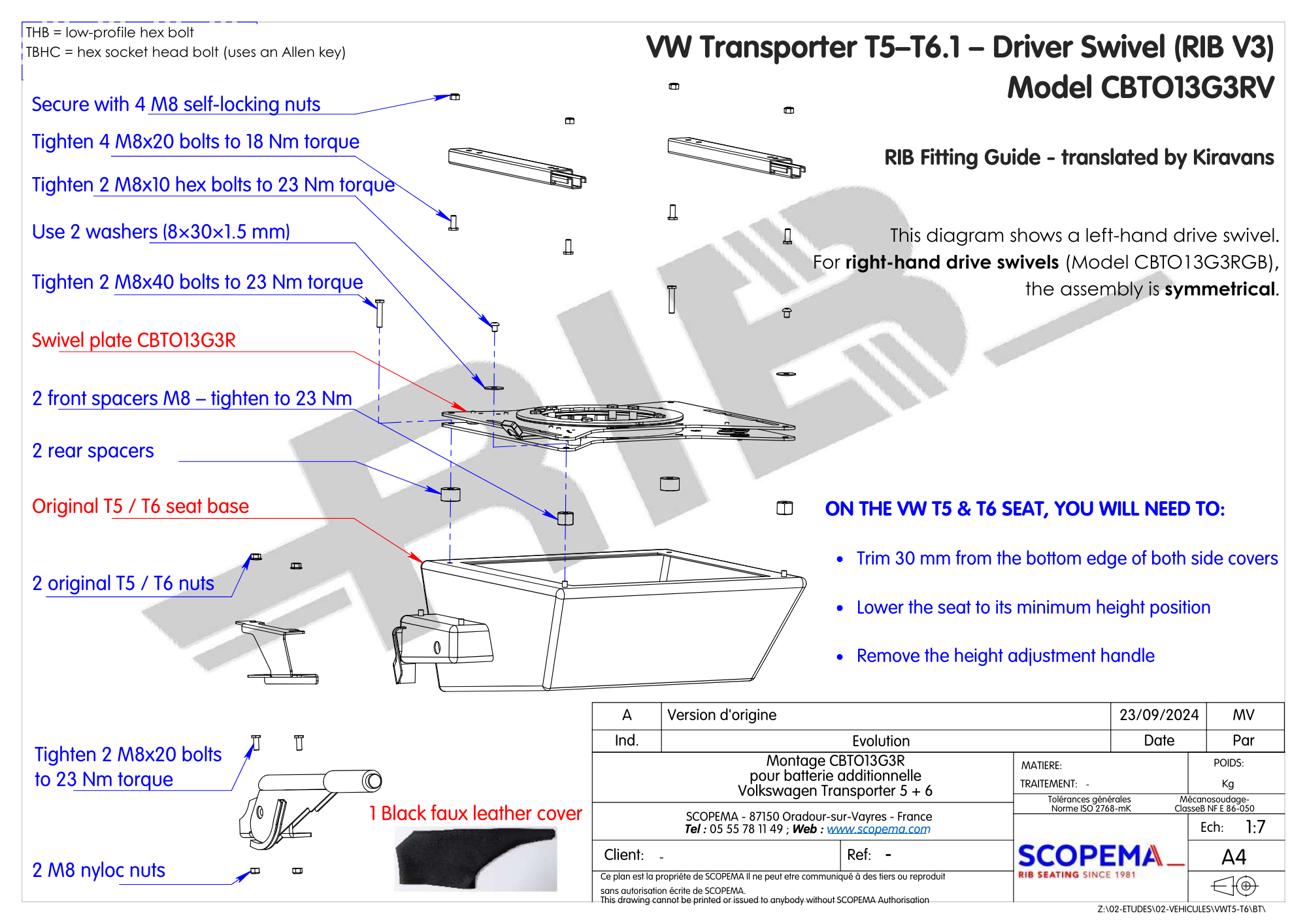 VW Transporter T5 a T6.1 (2003-2024) RIB V3 Sedile Singolo Girevole - GUIDATORE