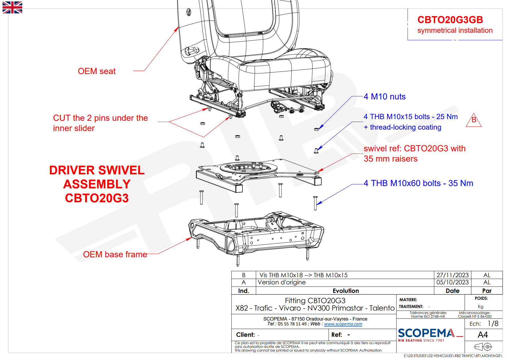 Fiat Talento 2. Gen X82 (2016-2022) RIB V3 Einzelsitz Drehkonsole - FAHRER