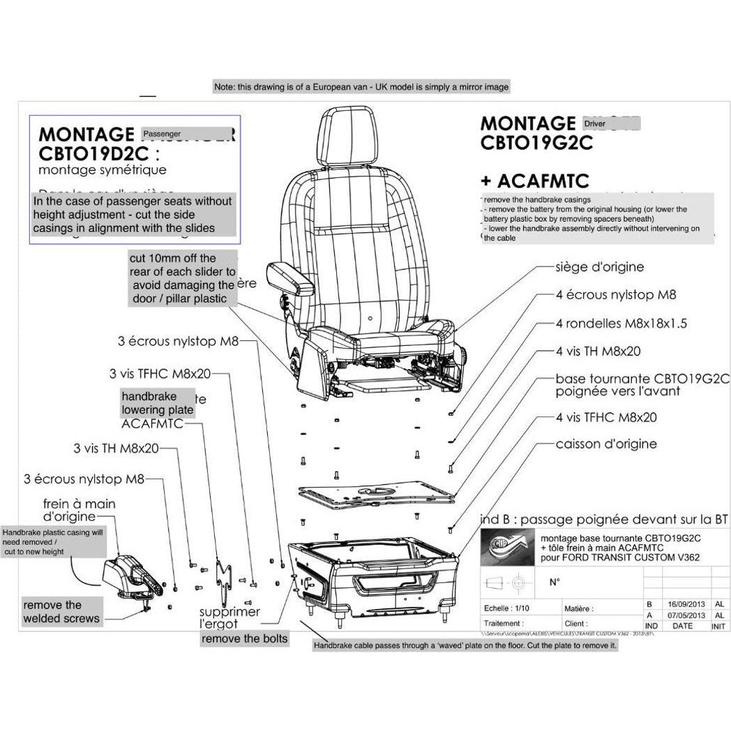 RIB Ford Transit 2014+ (4e génération Mk8) Pivotement de siège simple - Passager