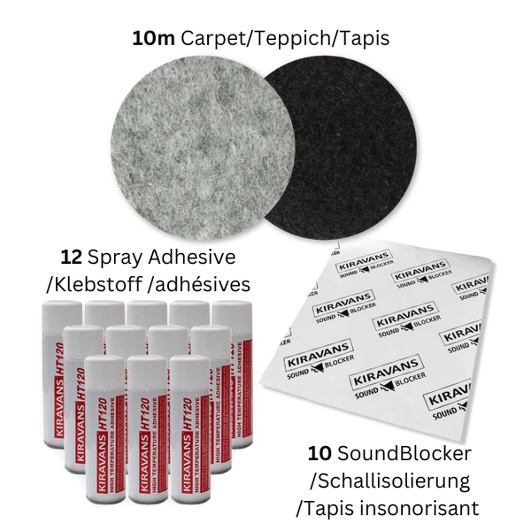 Kiravans Lining & Noise Reduction Kit: 10m Carpet + 12 Cans Adhesive