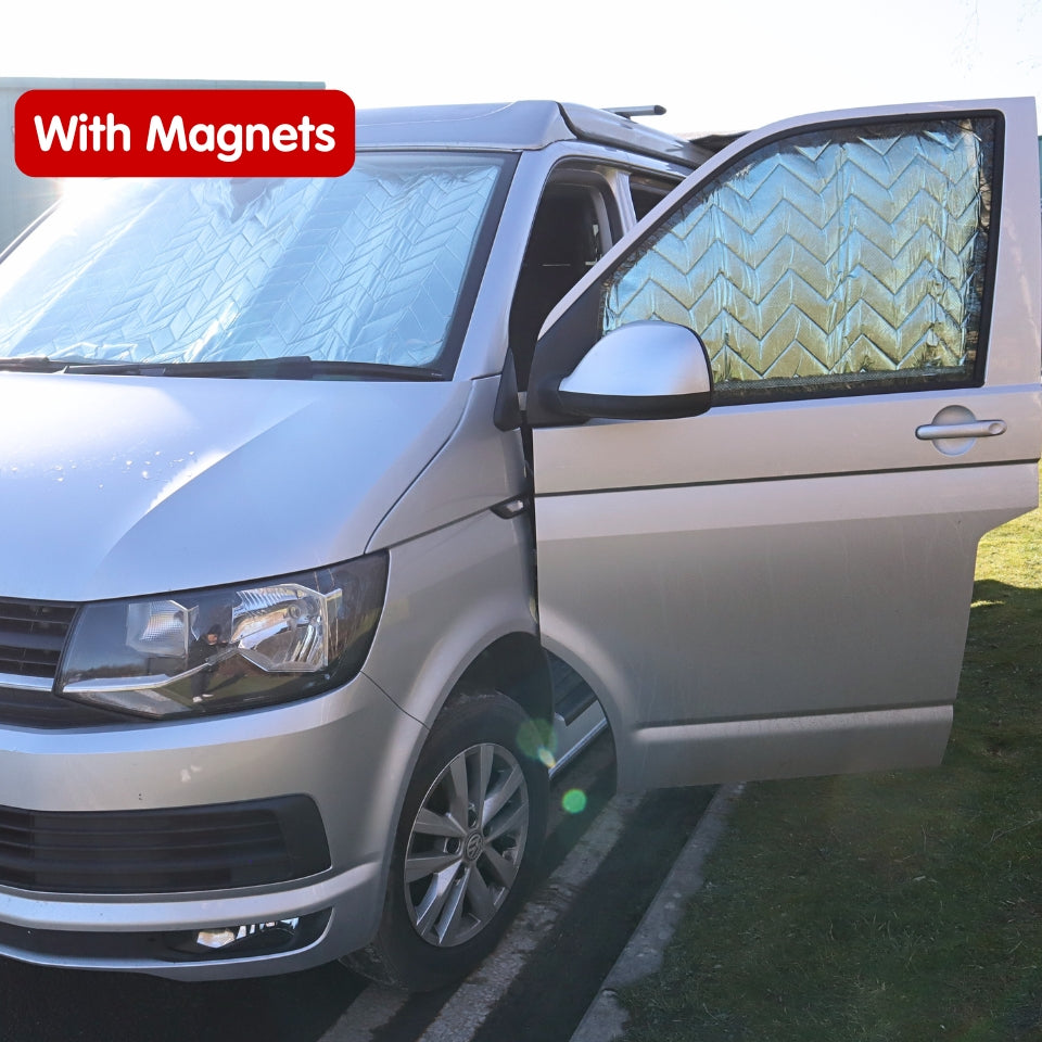 Tende parasole interne argentate con magneti o ventose per VW Transporter T5 a T6.1, Trafic, Transit Custom e altri modelli