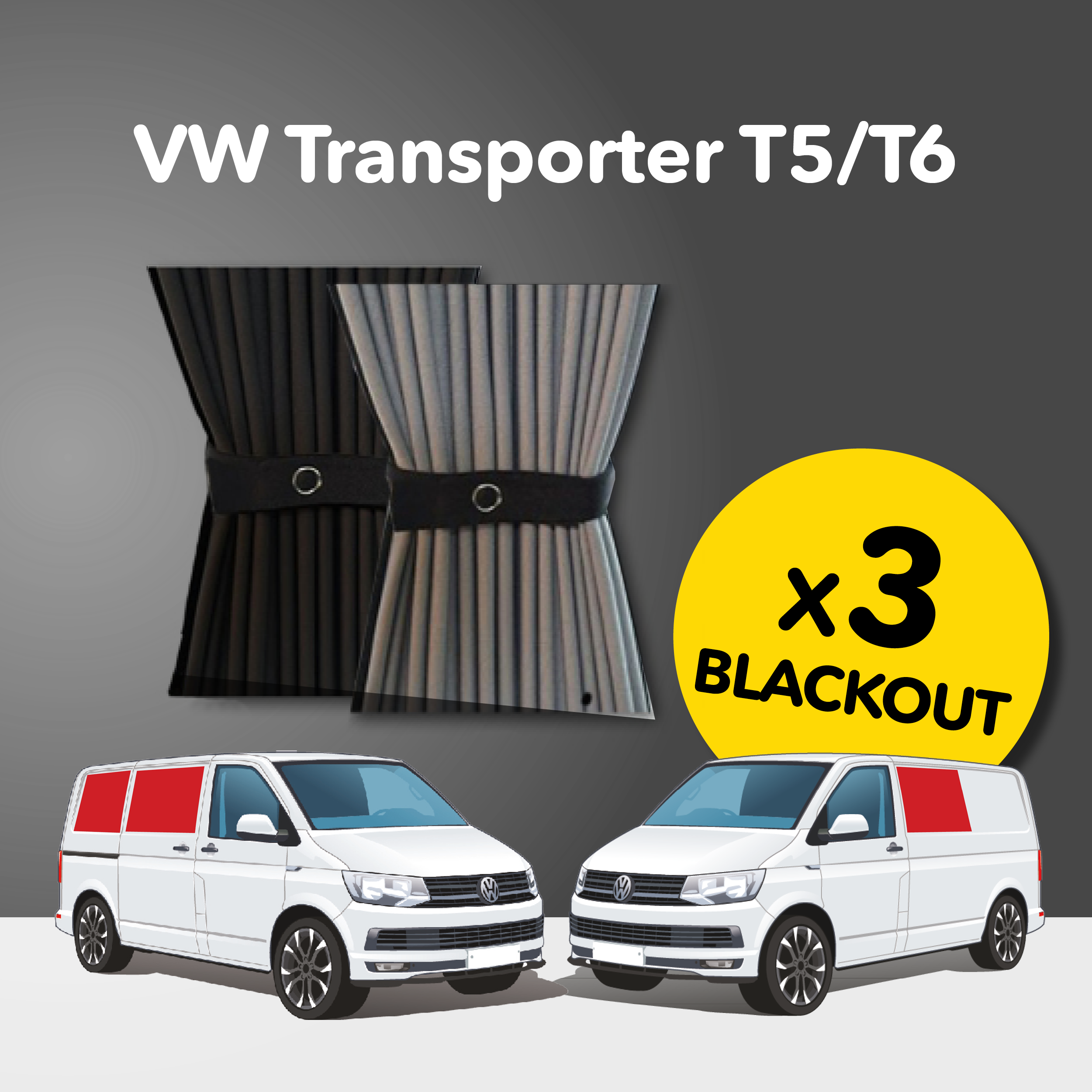 3 x Piece Curtain Kit - VW T5/T6 (Premium Blackout)