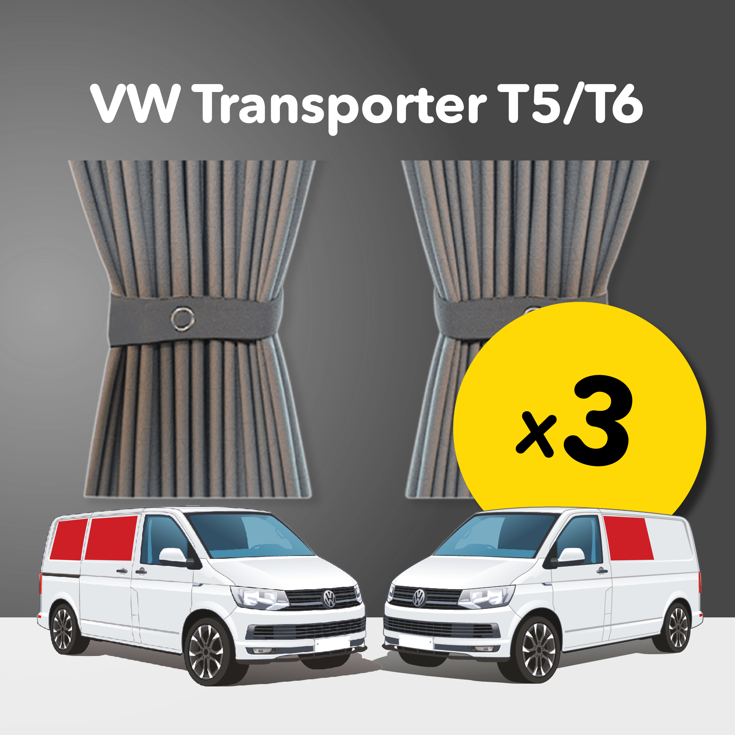 3 x Piece Curtain Kit - VW T5/T6 (Standard Grey)